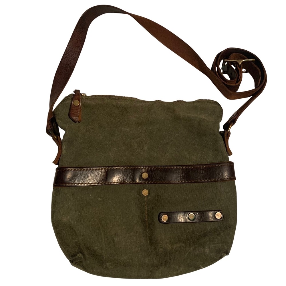 In Blue Waxed Canvas Crossbody Bag Olive Green Leather Trim Brass Hardware